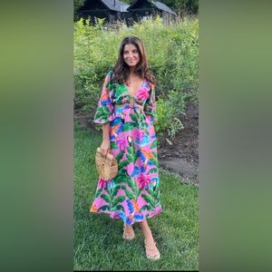Farm Rio Anthropologie Printed V-Neck Cutout Dress Pink Tropical  Large $275